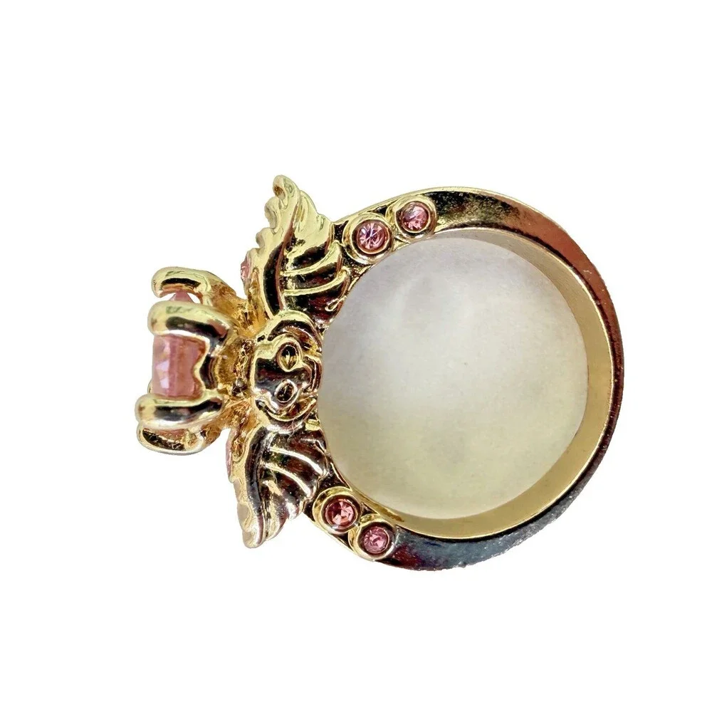 Vintage Style Pink Crystal Butterfly Fairy Skull Ring Gold Tone Statment Size 9